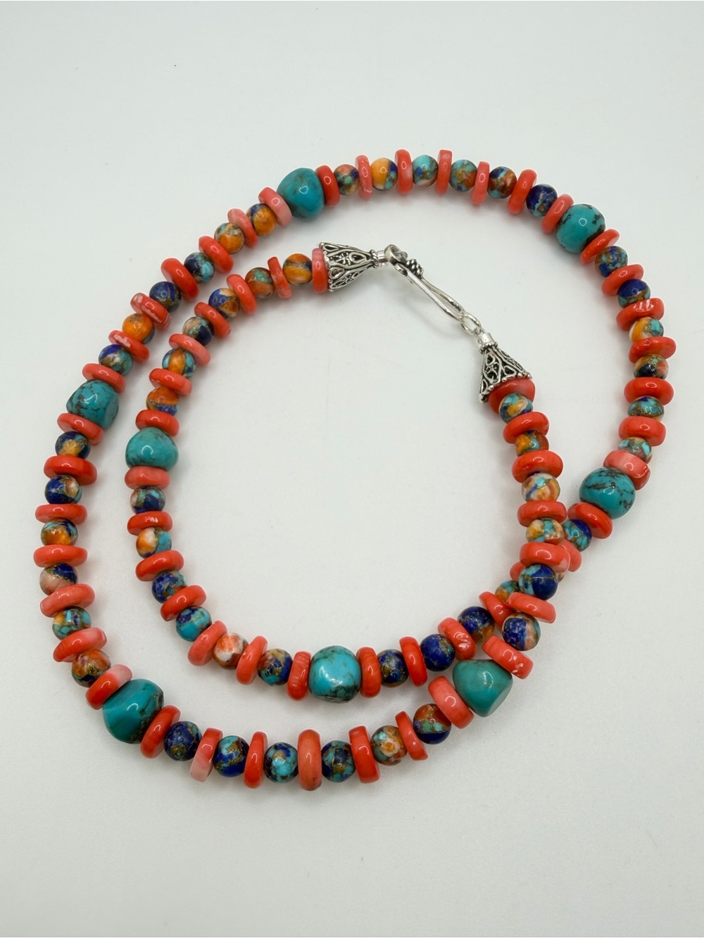 22" Dyed Coral, Turquoise, Turq/Lapis/Spiney Oyster composite necklace in 925!